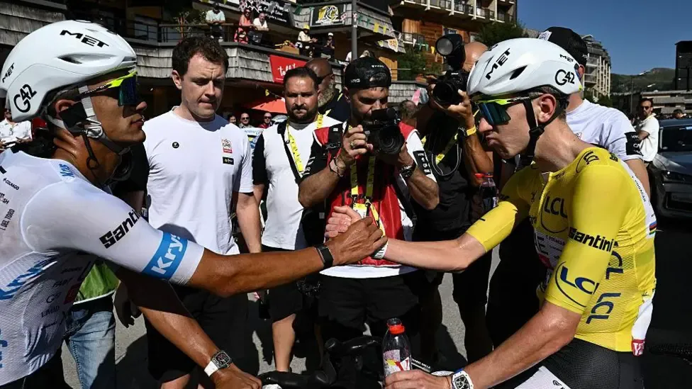 Isaac del Toro and Tadej Pogacar after Tour de France stage 18