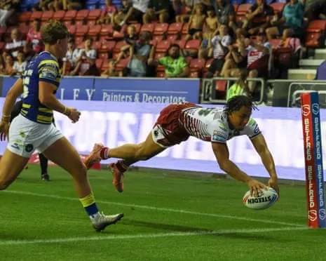 Wigan Warriors' Austin Daniel scores his side's fifth try.