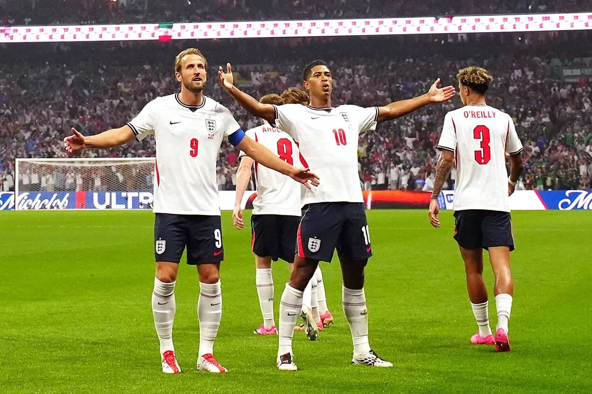 Jude Bellingham celebrates scoring for England against Mexico.
